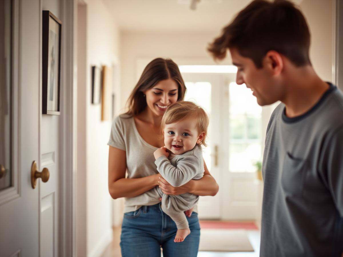 Young family with a child in a bright hallway