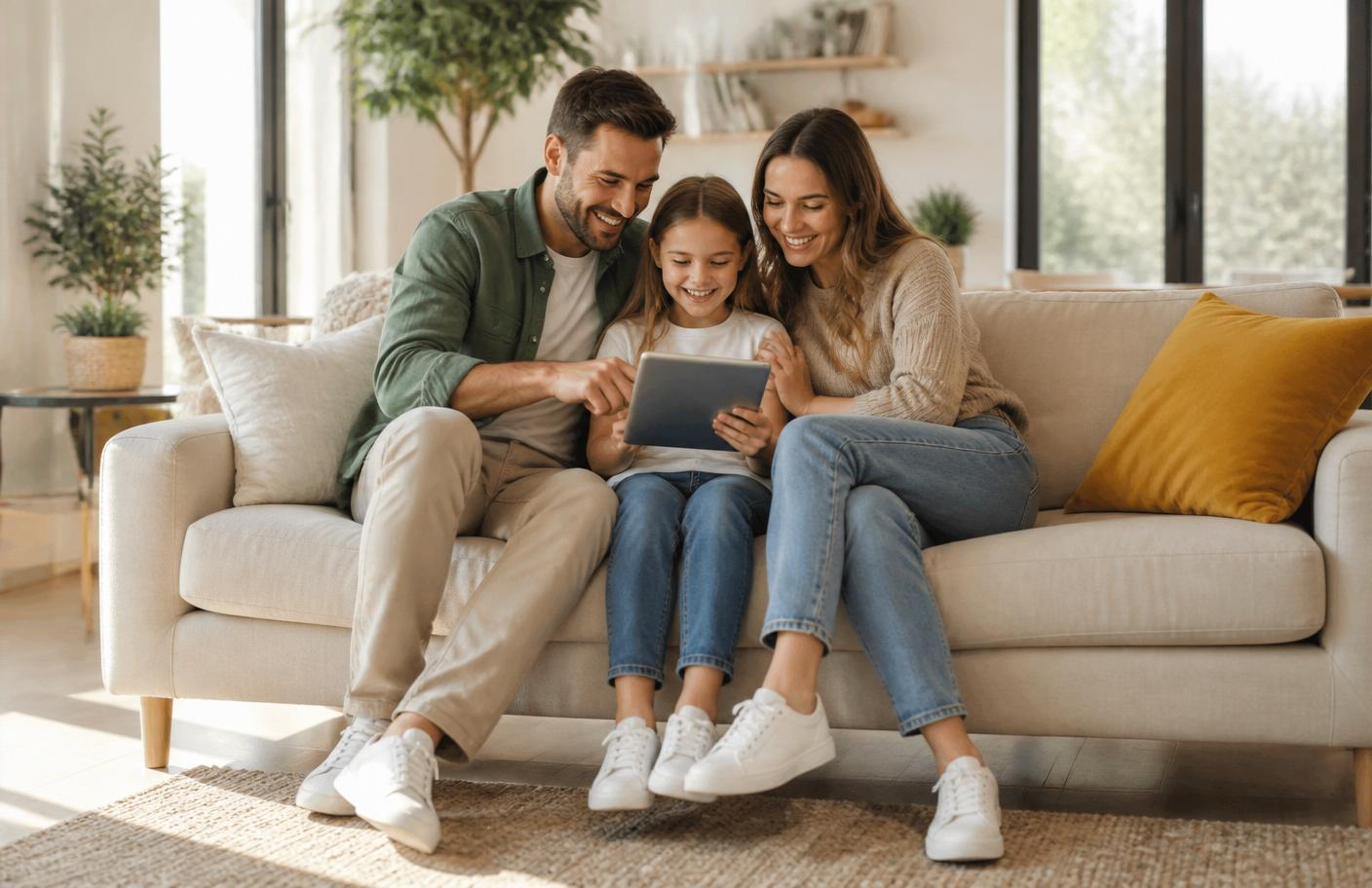 A family with two young children enjoying a bright morning in the kitchen