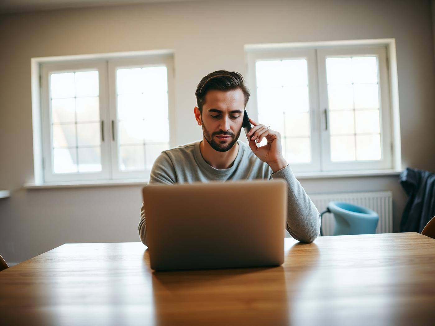A person reviewing information on a laptop while speaking by phone at a bright kitchen table